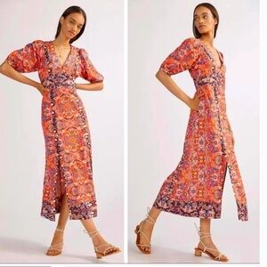 Anthropologie Orange and Blue Long Sleeve Dress